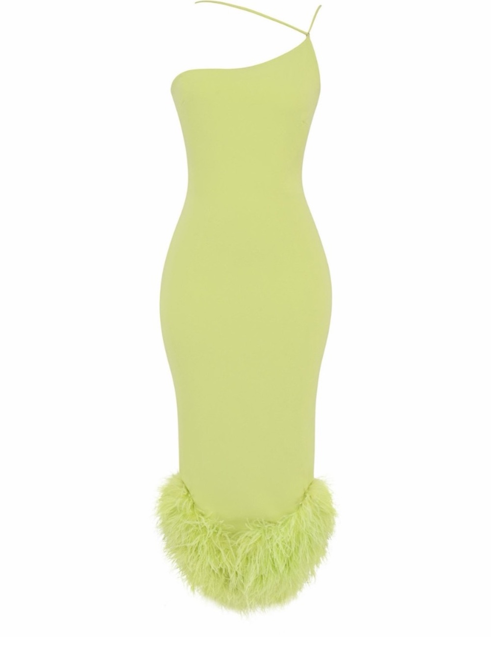 House of CB Lime Green One-Shoulder Feather-Hem Dress